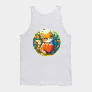 Cat Heart With Bright Eyed Orange Kitty In The Garden - Funny Cats Tank Top